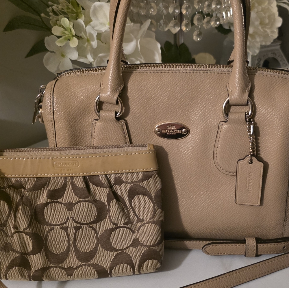 Coach Beige Pebble Leather Satchel with Signature Canvas Wristlet